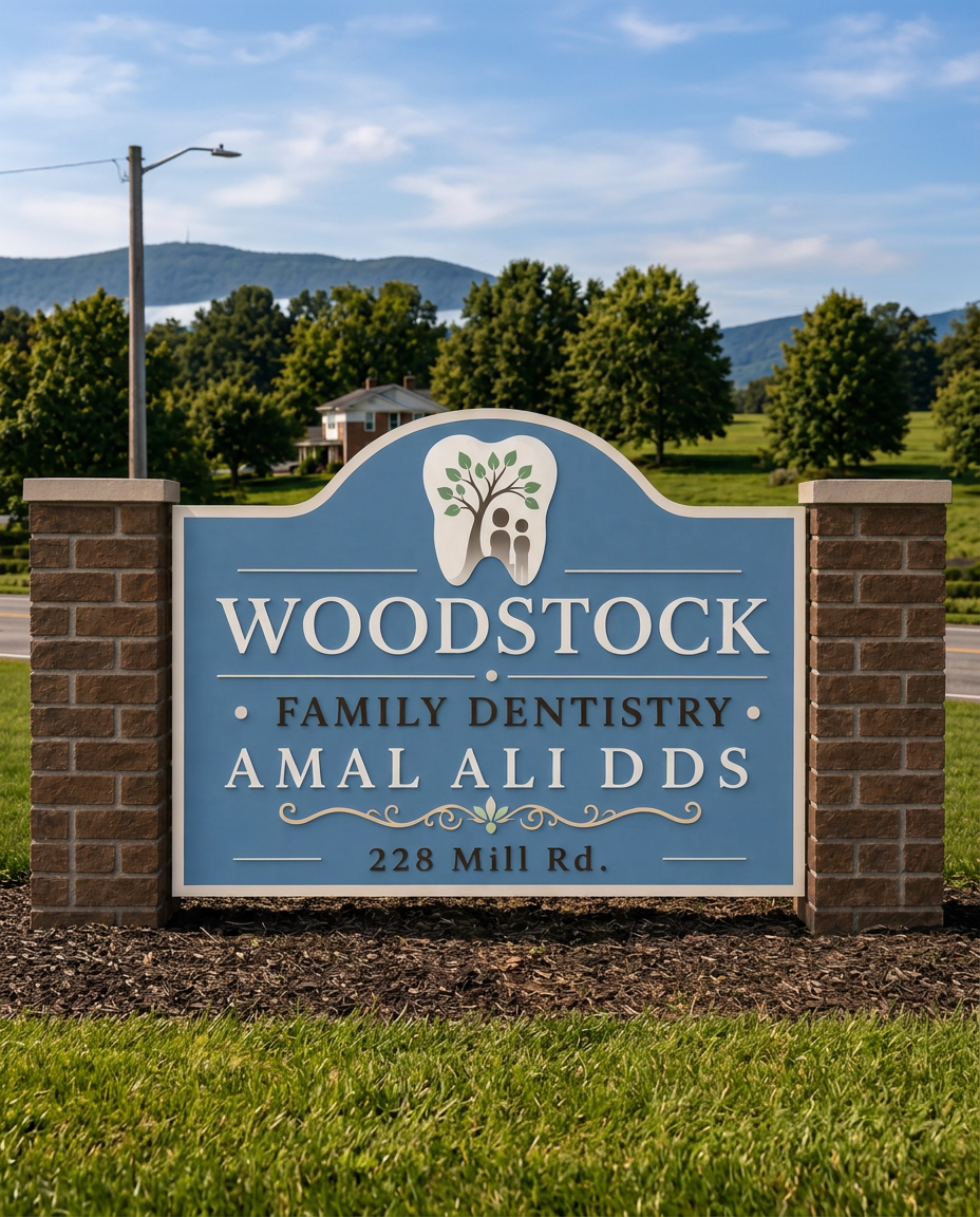 Woodstock Family Dentistry sign — Amal Ali DDS, 228 Mill Rd.