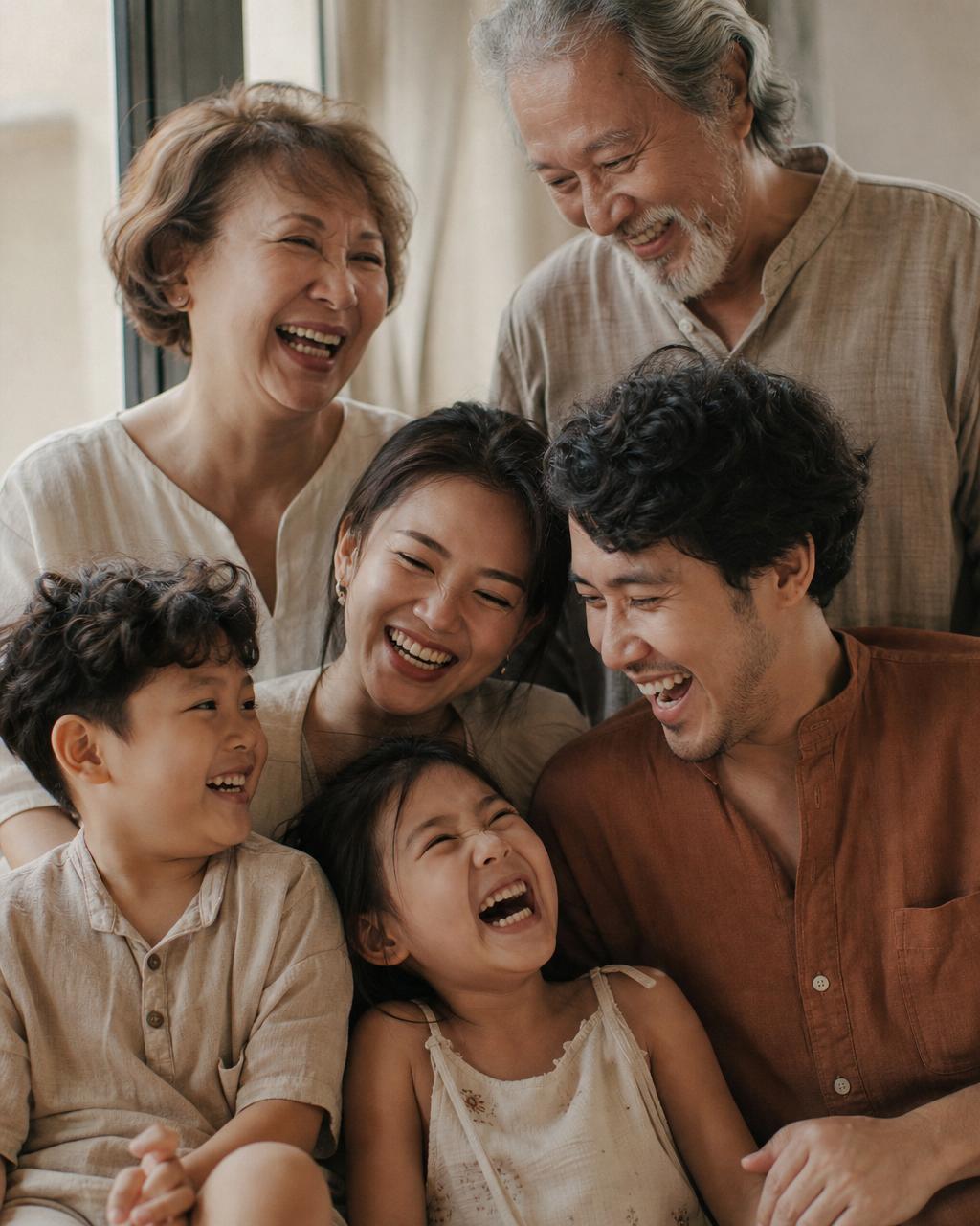 Happy multigenerational family smiling together in warm light