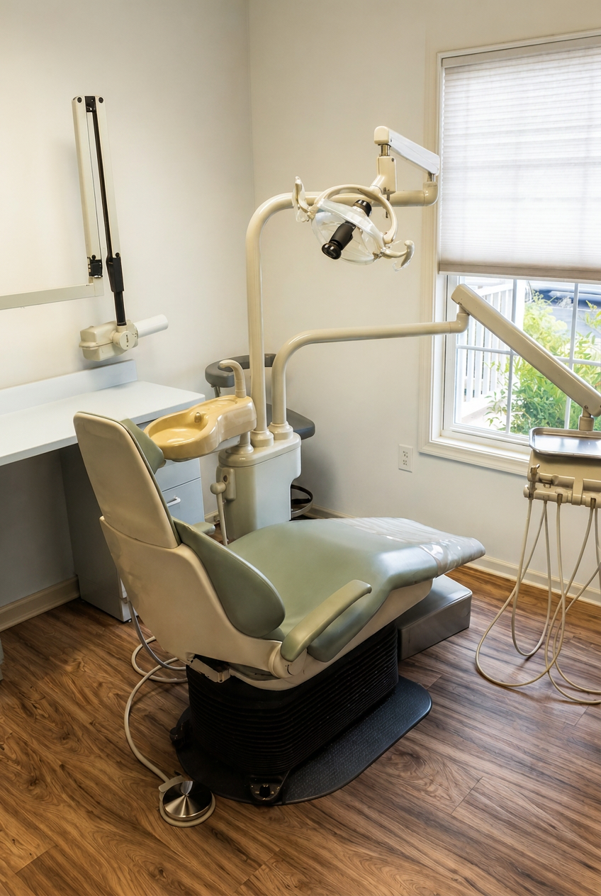 Bright, comfortable dental treatment room with natural window light