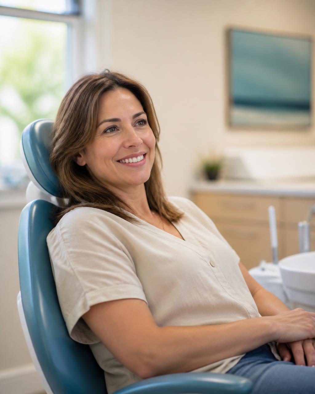 Relaxed patient smiling while seated comfortably in a dental chair